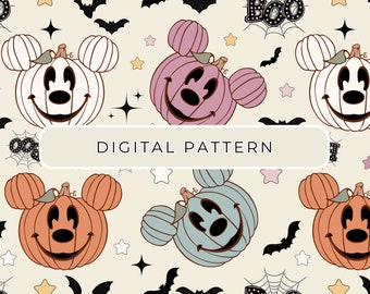 Halloween Pumpkin Mouse Seamless Pattern, Commercial Use (Digital PNG)