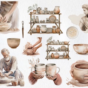 May include: Watercolor illustration of pottery making, featuring a variety of pottery pieces, including bowls, mugs, and vases. The illustration also includes a person working on a pottery wheel, a shelf with pottery on it, and a statue of a person playing a musical instrument.