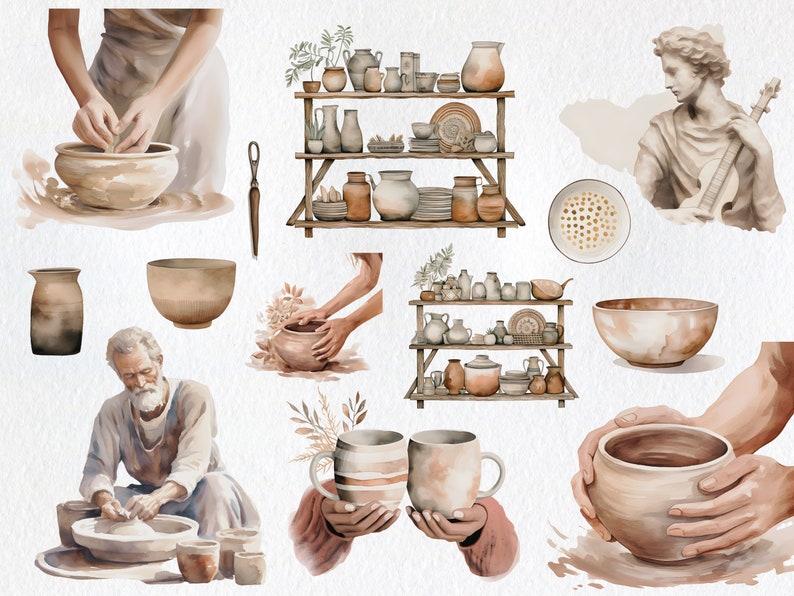 May include: Watercolor illustration of pottery making, featuring a variety of pottery pieces, including bowls, mugs, and vases. The illustration also includes a person working on a pottery wheel, a shelf with pottery on it, and a statue of a person playing a musical instrument.