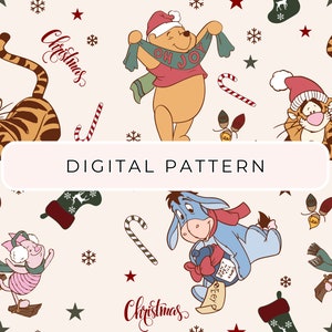 Patrón de papel digital Winnie The Pooh de Navidad, patrón sin costuras Winnie, papel digital, ratón PNG papel estampado uso comercial