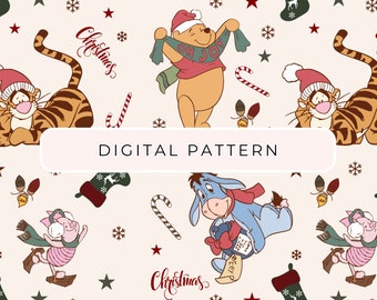 Christmas Winnie The Pooh Digital Paper Pattern, Winnie Seamless Pattern, Digital Paper, Mouse PNG Patterned Paper Commercial Use