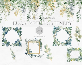 Watercolor Eucalyptus Clipart, Gold Foliage, Greenery Wreath (PNG Digital Download)