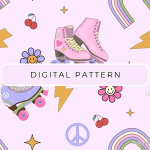 May include: A seamless pattern featuring pink and purple roller skates, rainbows, cherries, peace signs, smiley faces, and lightning bolts on a light purple background. The text "DIGITAL PATTERN" is displayed in a white rectangle.