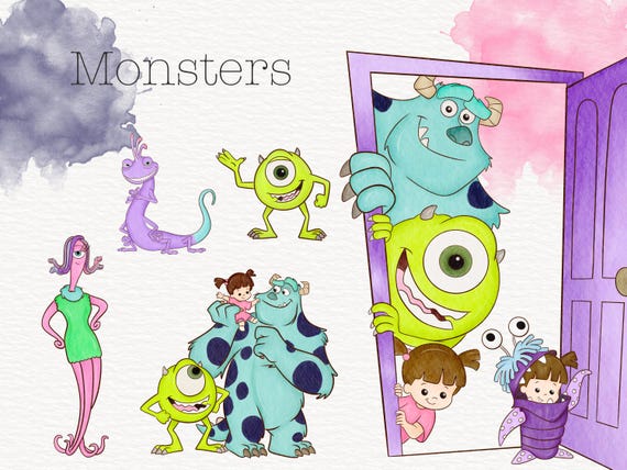 水彩モンスターズインク PNG クリップアート バンドル、水彩サリー