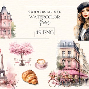 Aquarelle Paris Clipart PNG, Cute Paris Girls PNG, Café, Boulangerie Français, Tour Eiffel, Scrapbook, Autocollant, Utilisation commerciale, Numérique