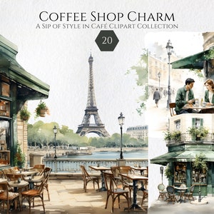 Aquarell Paris Coffee Shop Clipart PNG, süße Paris Szenen PNG, Café, französische Bäckerei, Eiffelturm, Scrapbook Sticker Kommerzielle Nutzung