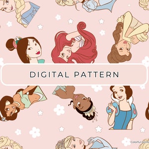 May include: A digital pattern featuring a pink background with white flowers and stars. The pattern includes various Disney princesses, including Ariel, Belle, Cinderella, Jasmine, Mulan, Pocahontas, Snow White, and Tiana. The text "DIGITAL PATTERN" is displayed in a white rectangle.