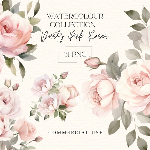 Watercolour Blush Roses Floral Clipart Bundle, Dusty Roses Bouquets  Arrangments Clipart PNG, Commercial Use Botanical