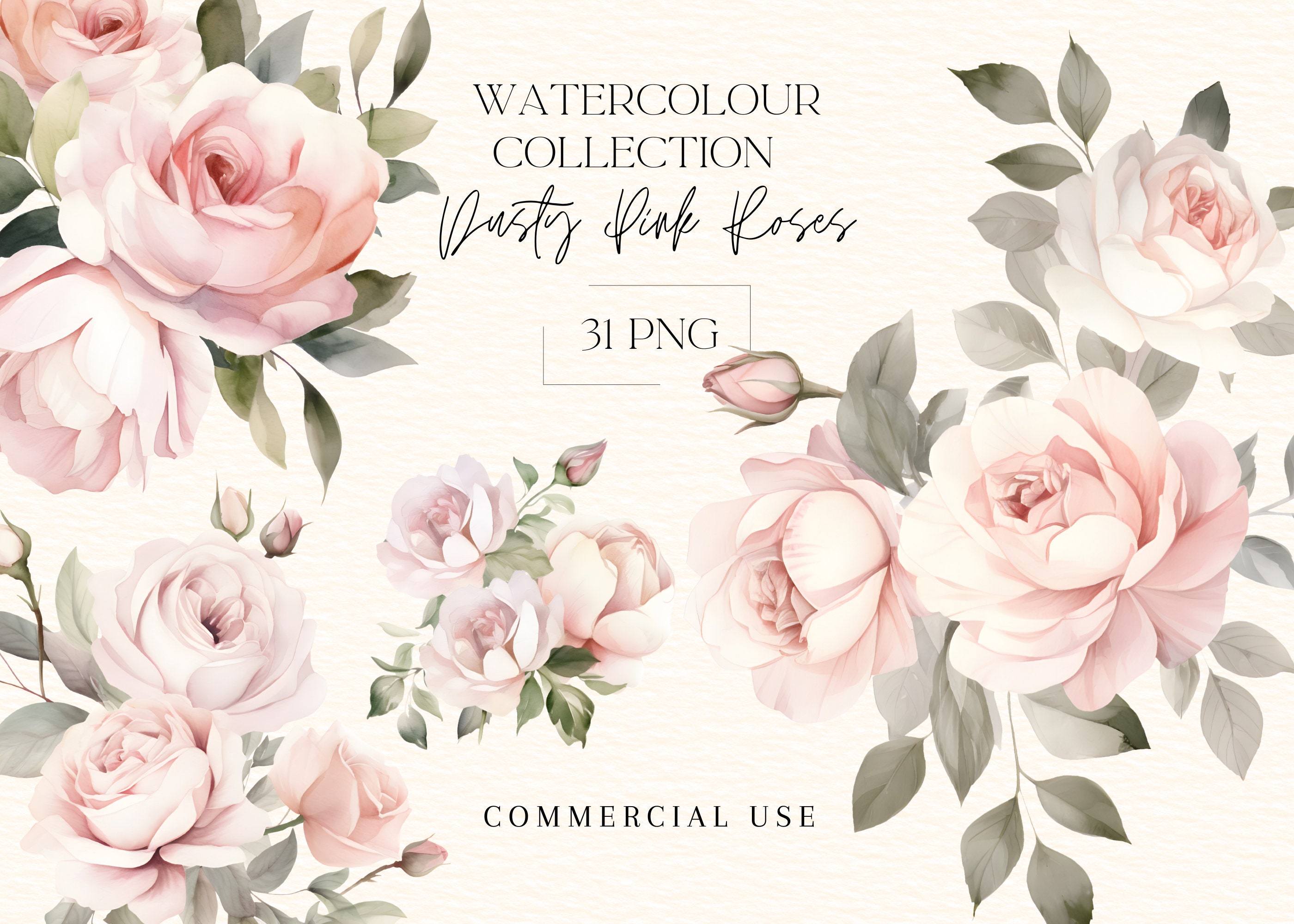 Watercolour Blush Roses Floral Clipart Bundle, Dusty Roses Bouquets ...