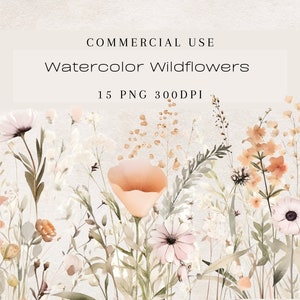 Watercolor Floral Wildflower Clipart PNG, Floral Borders, Meadow, Wedding Clipart, Elegant Blooms, Commercial Use, Digital Download