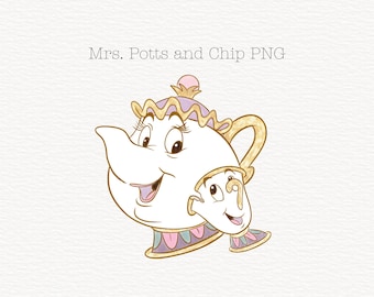 Miss Potts and Chip Watercolor Clipart, Glitter Effect (PNG)