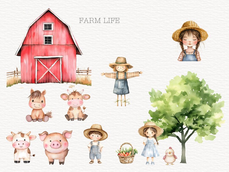 Watercolor Farm Animals Clipart Bundle, Cute Farm PNG, Baby Shower ...