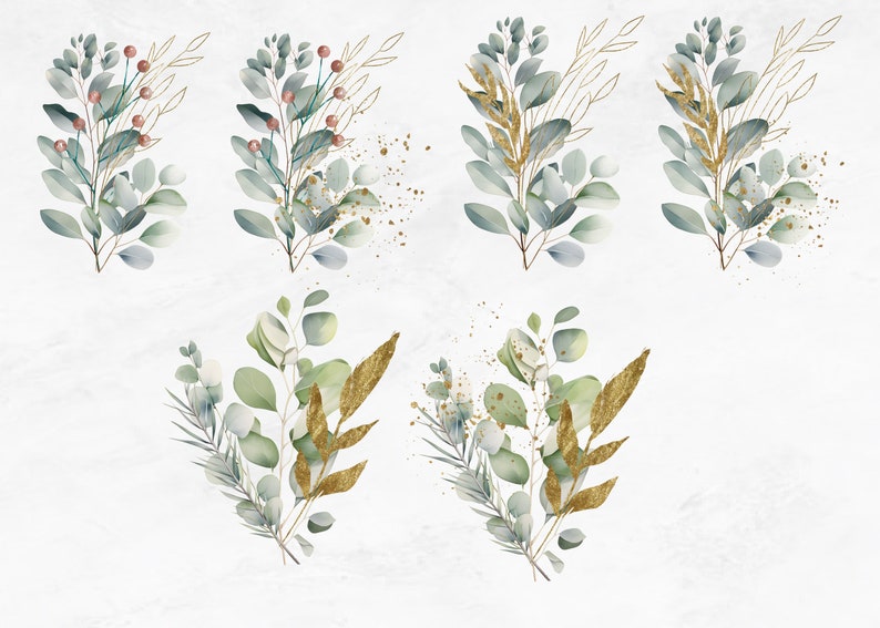 Watercolor Eucalyptus Greenery Clipart PNG, 18 Greenery Gold Foliage ...