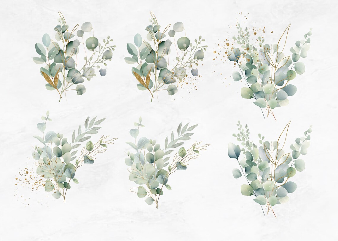 Watercolor Eucalyptus Greenery Clipart PNG, 18 Greenery Gold Foliage ...