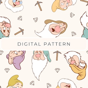 Princess Snow Dwarfs Digital Paper Pattern Theme, Princess Seamless File PNG, Commercial Use, Digital Download