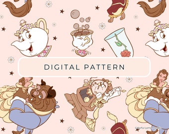 Papel digital sin costuras de la Princesa Bella, con temática de La Bella y la Bestia (PNG, PDF)
