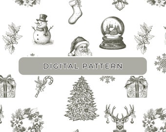 Toile Christmas Seamless Digital Paper Pattern, Sage Vintage Christmas Seamless Pattern, Toile Digital Paper Patterned, Commercial Use