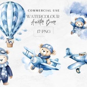 Aviator Watercolor Teddy Boy Bear Clip Art Clipart Bundle, Baby Shower Clipart, Nursery decor, Kids clip art, Teddy Bears, Digital Download