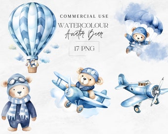Watercolor Aviator Teddy Bear Clipart Bundle, Nursery Decor (Digital Download)
