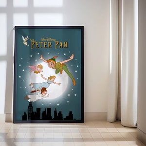 May include: A vintage-style poster featuring the characters from the Disney movie Peter Pan. The poster has a blue background with white stars and a full moon. The characters are flying in the air, with Peter Pan in the lead, followed by Wendy, John, and Michael. The poster has the text "Walt Disney Peter Pan" at the top.