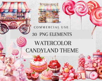 Watercolor Candyland Clipart Set, Bakery Desserts (PNG, Commercial Use)