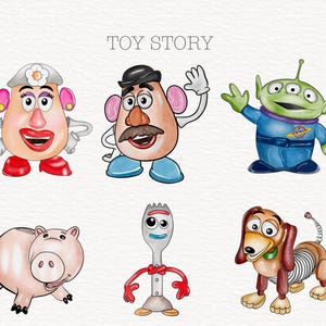 Może przedstawiać: Postacie z Toy Story, w tym Pan i Pani Głowa Ziemniaka, Buzz Astral, Widelec i Szczeniaczek Slinky. Postacie są narysowane w kresk&oacute;wkowym stylu akwarelą.