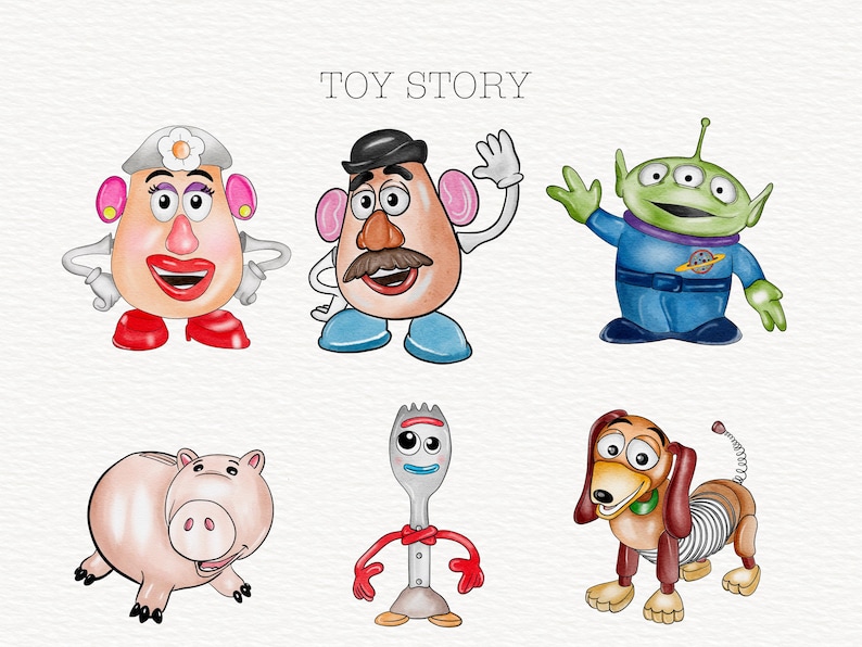 Może przedstawiać: Postacie z Toy Story, w tym Pan i Pani Głowa Ziemniaka, Buzz Astral, Widelec i Szczeniaczek Slinky. Postacie są narysowane w kresk&oacute;wkowym stylu akwarelą.