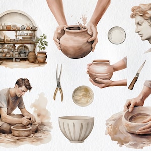 May include: A watercolor illustration of pottery making. The image shows a potter's wheel, a person shaping clay, and various pottery pieces, including bowls, vases, and a bust of a person. The image also includes tools used in pottery making, such as a knife and a pair of pliers.
