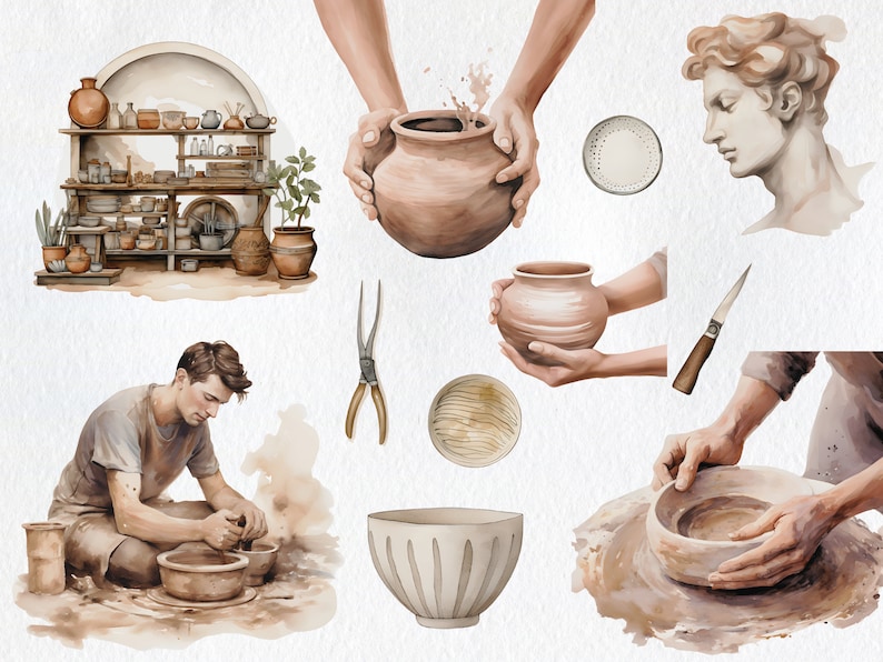 May include: A watercolor illustration of pottery making. The image shows a potter's wheel, a person shaping clay, and various pottery pieces, including bowls, vases, and a bust of a person. The image also includes tools used in pottery making, such as a knife and a pair of pliers.