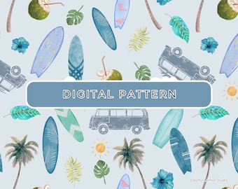 May include: A seamless pattern featuring a variety of summer-themed elements, including surfboards, palm trees, coconuts, hibiscus flowers, and a vintage van. The pattern is set against a light blue background and is perfect for creating beach-themed projects.
