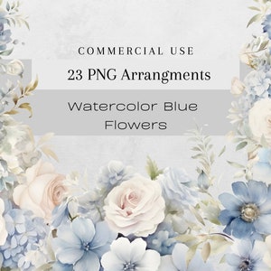 Pacote de clipart floral azul, clipart floral aquarela, clipart de arranjos de buquês de flores vintage, 23 Transparent Png Commercial Botanical