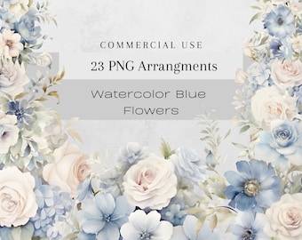 Blue Floral Clipart Bundle, Watercolor Floral Clipart, Vintage Flower Bouquets  Arrangments Clipart, 23 Transparent Png Commercial Botanical