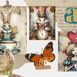 May include: A collage of vintage-style illustrations featuring rabbits, a butterfly, a clock, and a girl holding a teacup. The images are surrounded by torn paper edges and text.