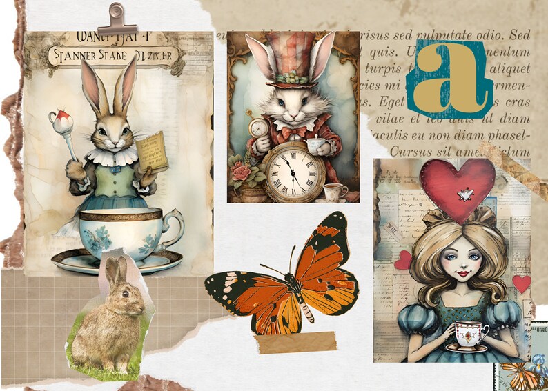 May include: A collage of vintage-style illustrations featuring rabbits, a butterfly, a clock, and a girl holding a teacup. The images are surrounded by torn paper edges and text.