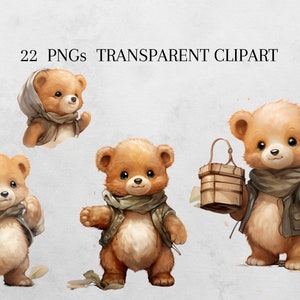 Puede incluir: Cuatro osos de peluche marrones que llevan diferentes atuendos. Un oso sostiene un cubo de madera. Los osos est&aacute;n de pie sobre un fondo gris claro. 22 PNGs TRANSPARENT CLIPART.