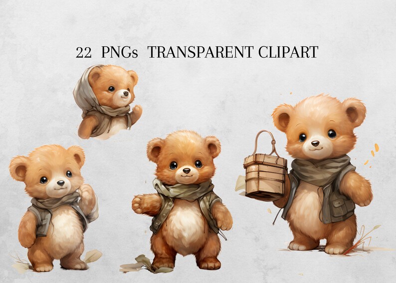 Puede incluir: Cuatro osos de peluche marrones que llevan diferentes atuendos. Un oso sostiene un cubo de madera. Los osos est&aacute;n de pie sobre un fondo gris claro. 22 PNGs TRANSPARENT CLIPART.