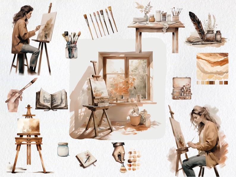 以下が含まれることがあります： イーゼル、筆、絵の具チューブ、窓、絵の具パレットのあるアーティストのスタジオの水彩画イラスト。イラストは、茶色、ベージュ、クリームの落ち着いたカラーパレットで描かれています。