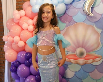 Purple, Blue Sequined Mermaid Themed Dress - With Natural Starfish and Pearl Details, Ariel Birthday Outfit, Birthday Gift