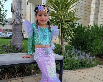 Purple and Green Mermaid Dress, Long Sleeve Ariel Costume, Birthday Party Outfit for Girls, Birthday Gifts