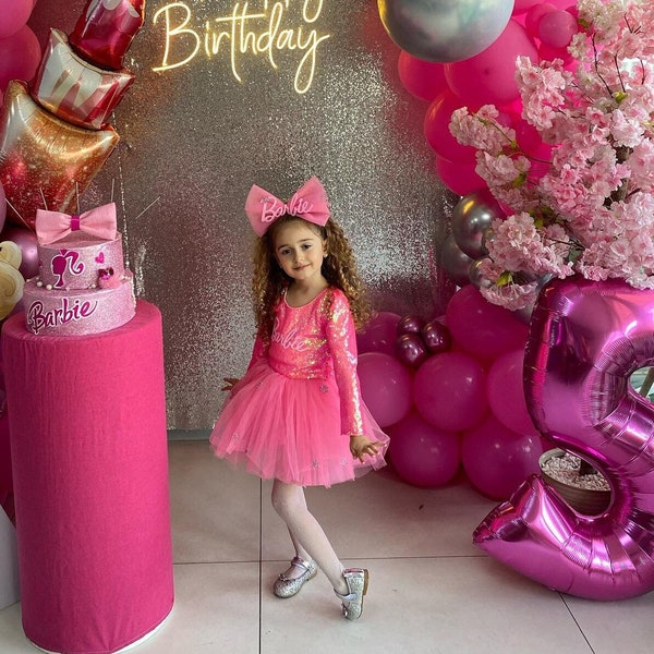 Personalized Birthday Pink Long Sleeve Tulle Dress for Girls, Birthday Gifts