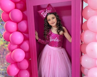 Vestido de lentejuelas rosa personalizado, estilo personalizado de un hombro, vestido de cumpleaños para niñas