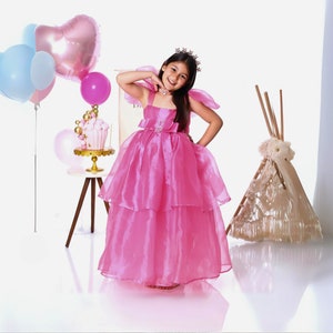 Pink Princess Satin Birthday Dress: Puffy Sleeves Party Gown