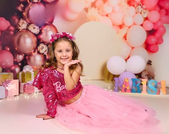 Personalized Bright Pink Sequin One-Shoulder Dress – Custom Birthday Party Outfit for Girls