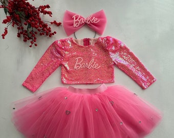 Vestido de tul de manga larga rosa de cumpleaños personalizado para niñas, regalos para niñas