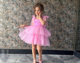 Pearl of Elegance: Dusty Pink Rose Patterned Tutu Dress - Special Design for Girls