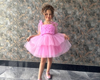 Pearl of Elegance: Dusty Pink Rose Patterned Tutu Dress - Special Design for Girls