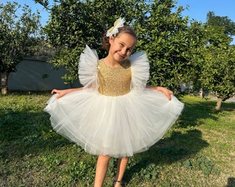 White Sleeve Dress with Gold Sequins and Sparkly Tutu Skirt, Bridesmaid Gifts