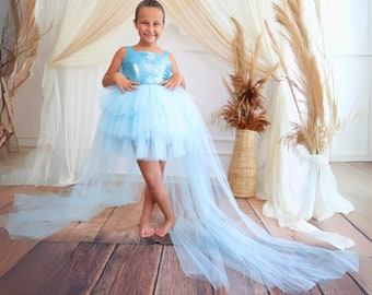 Light Blue Princess Birthday Dress – Sequin Bodice Long Train Gown