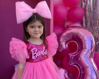 Vestido de tutú de cumpleaños personalizado para niñas en lentejuelas rosas, regalos de cumpleaños