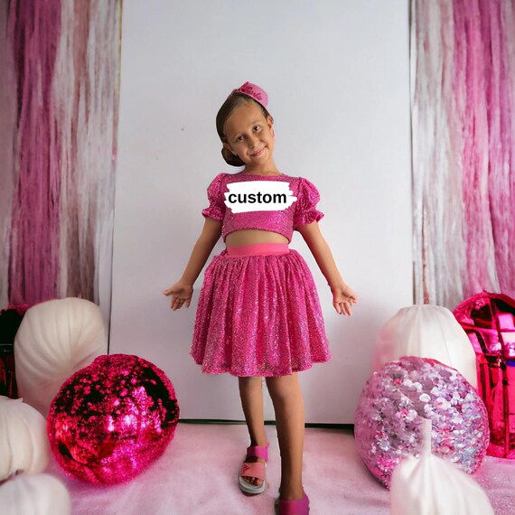 Personalized Sparkly Pink Sequin Party Dress for Girls Custom Name Birthday Outfit